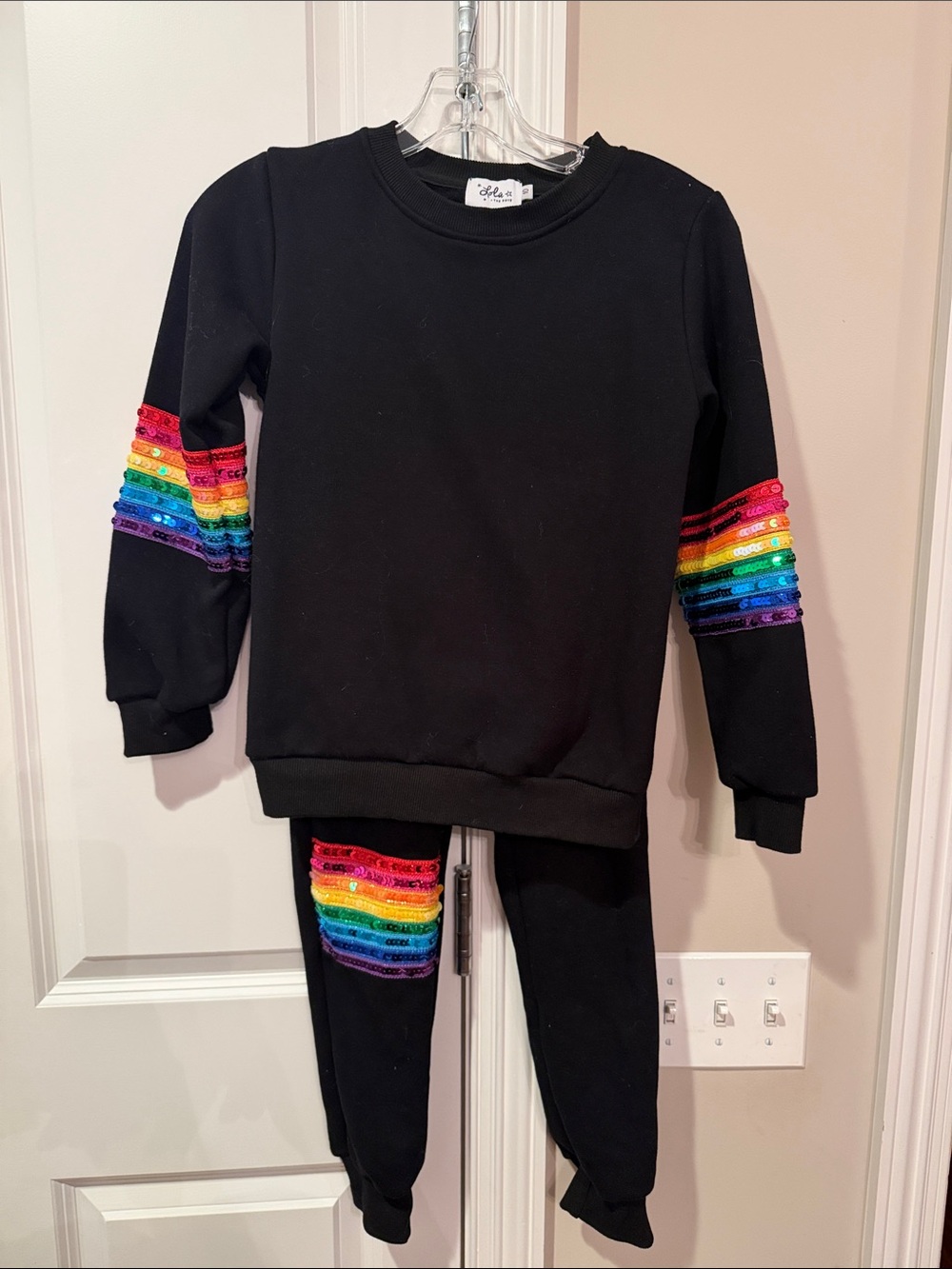 Lola + The Boys Black Sweatshirt and Joggers Set with Rainbow Sequin Stripes